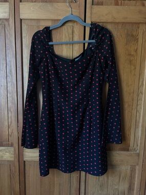 Princess Polly Black Long Sleeve Dress with Red Polka Dots